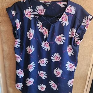Express Navy Floral Crisscross Neck Cap-Sleeve Blouse